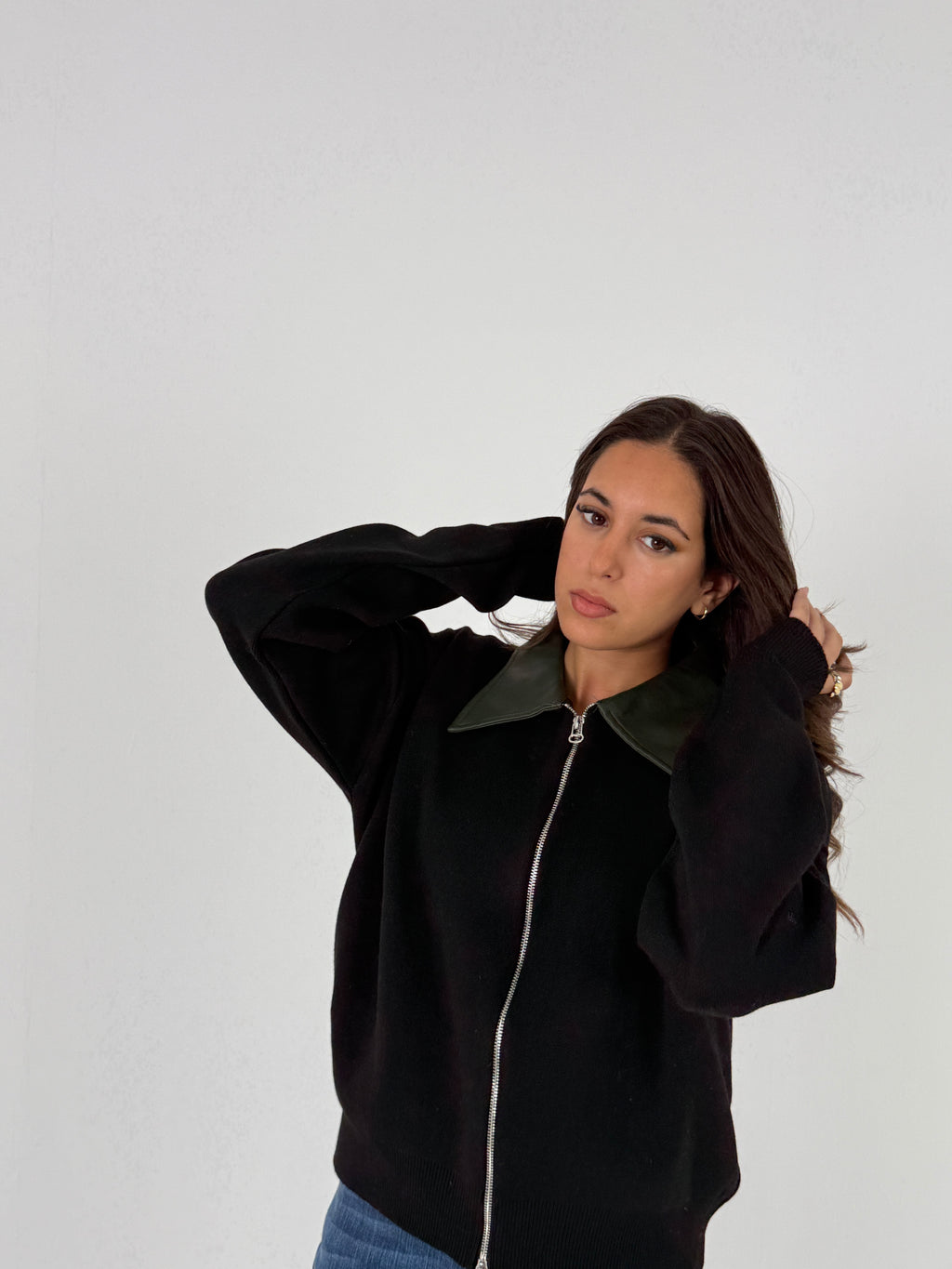 Sweater with Leather Collar