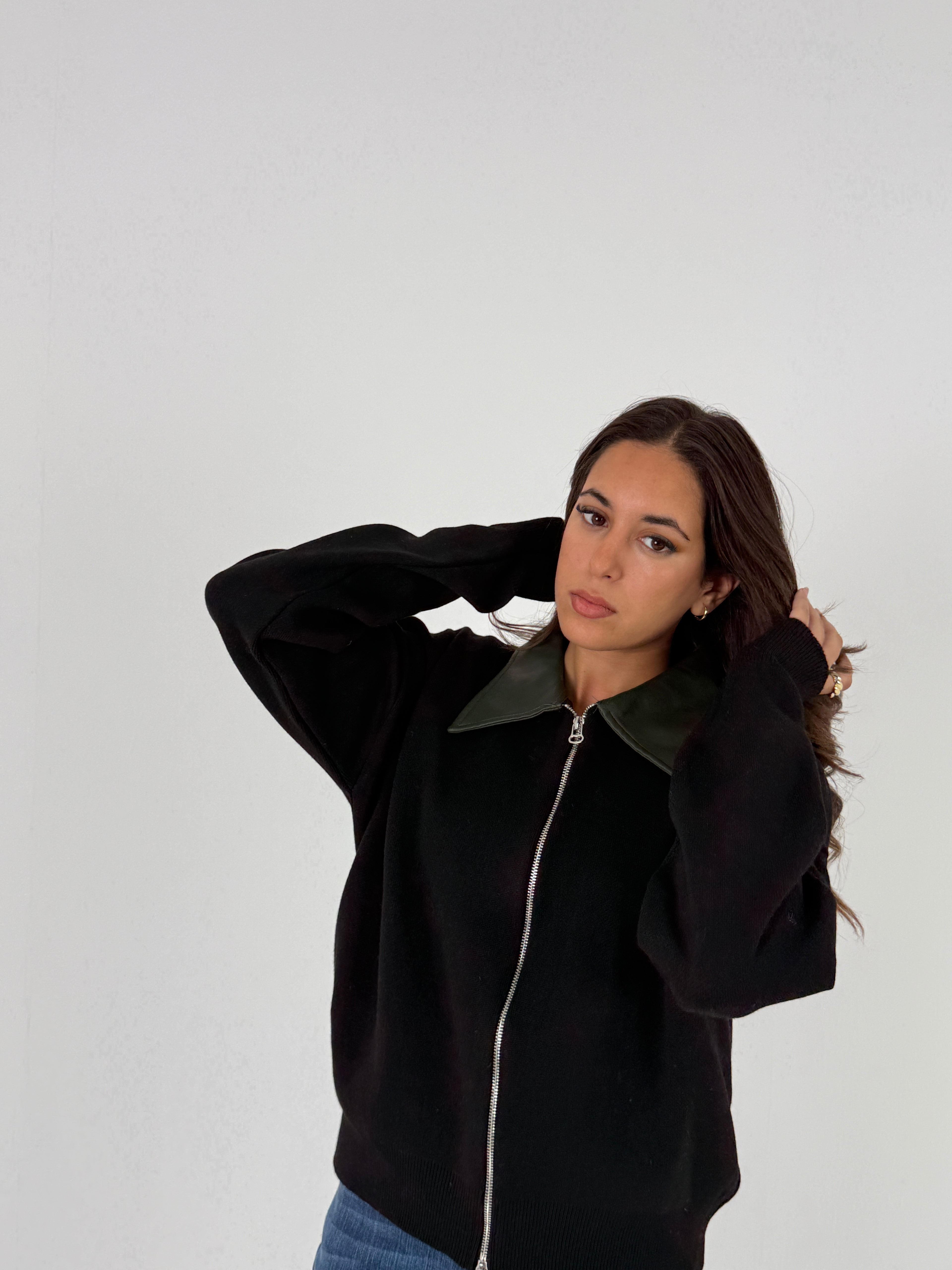 Sweater with Leather Collar