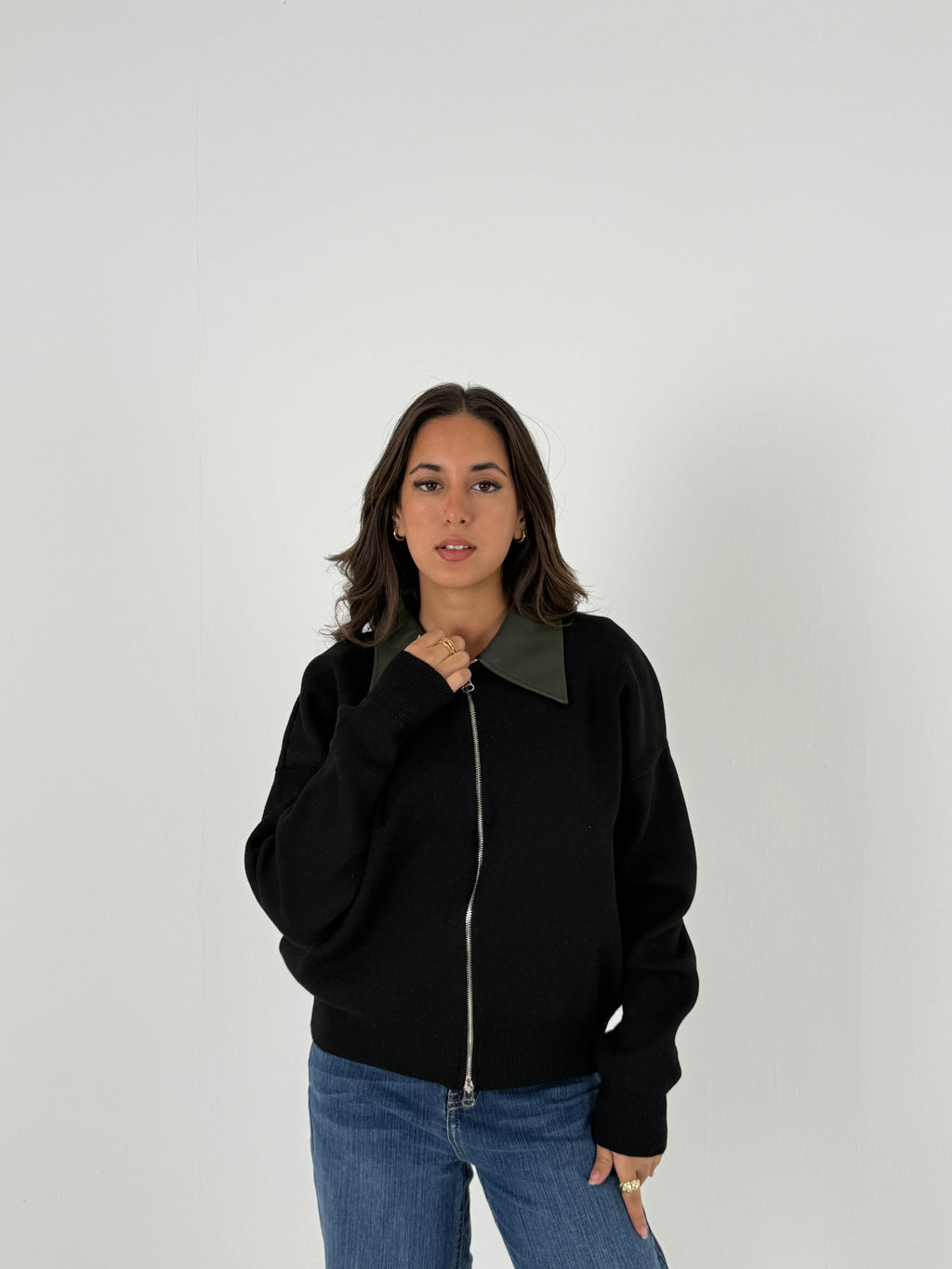 Sweater with Leather Collar