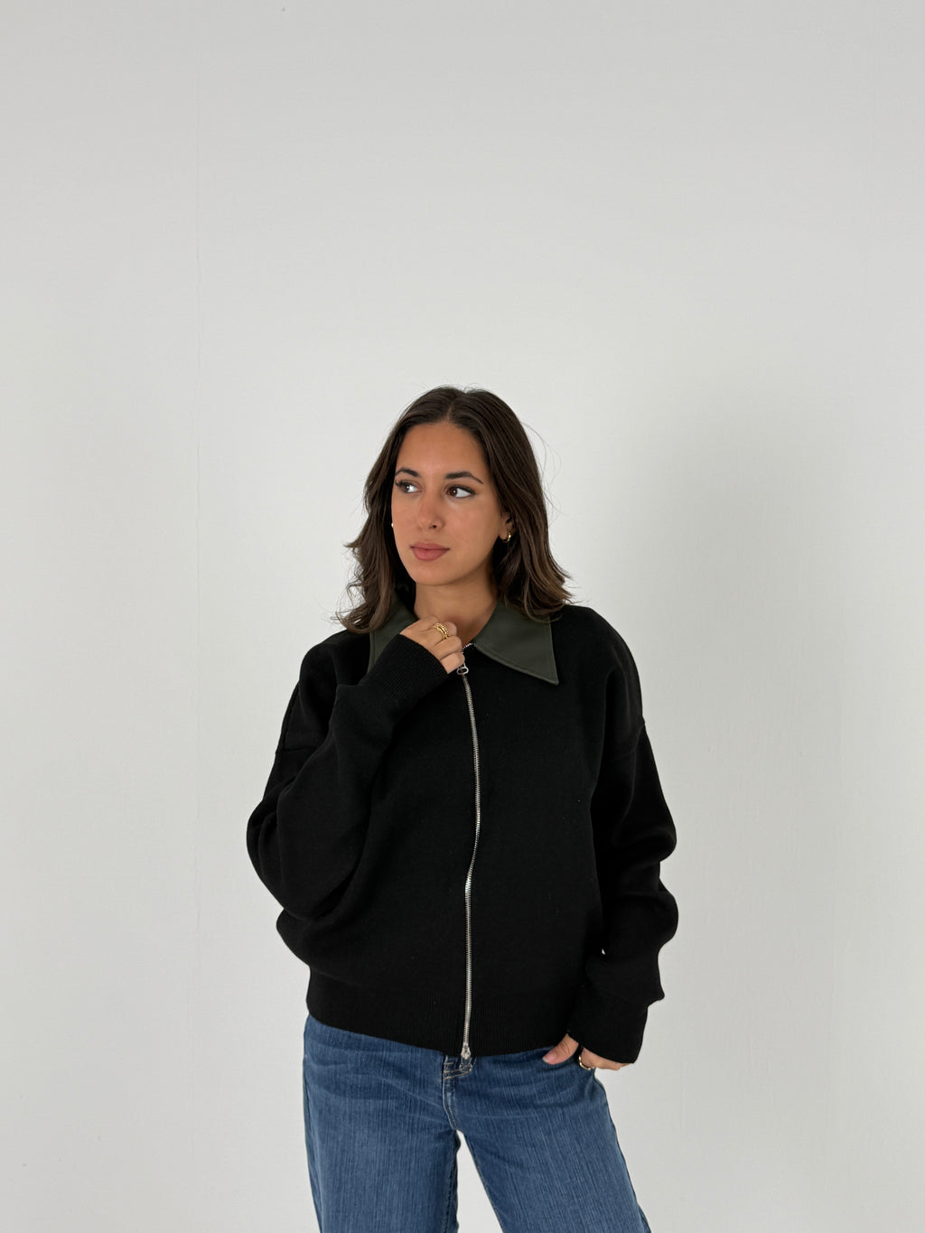 Sweater with Leather Collar