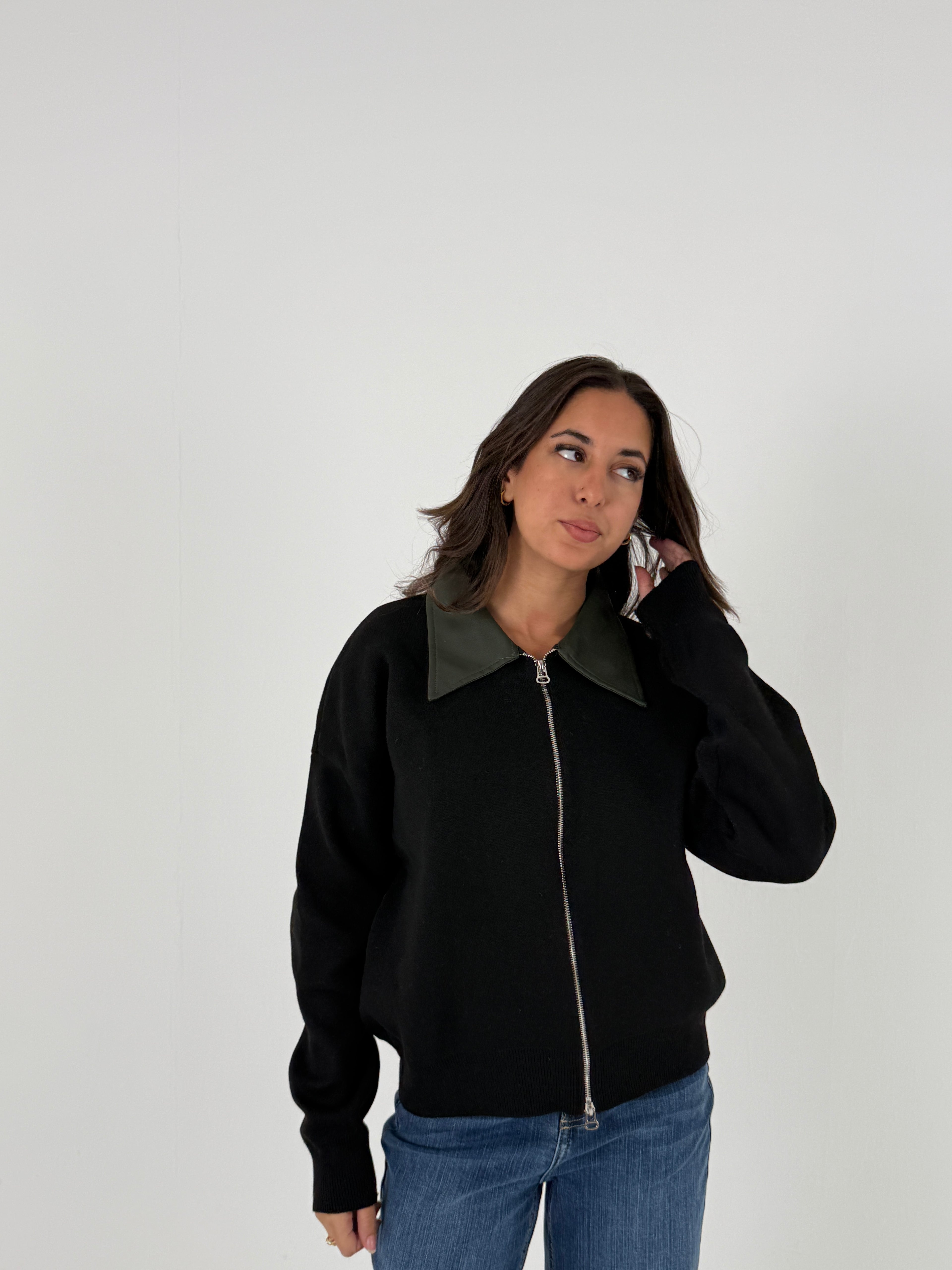 Sweater with Leather Collar