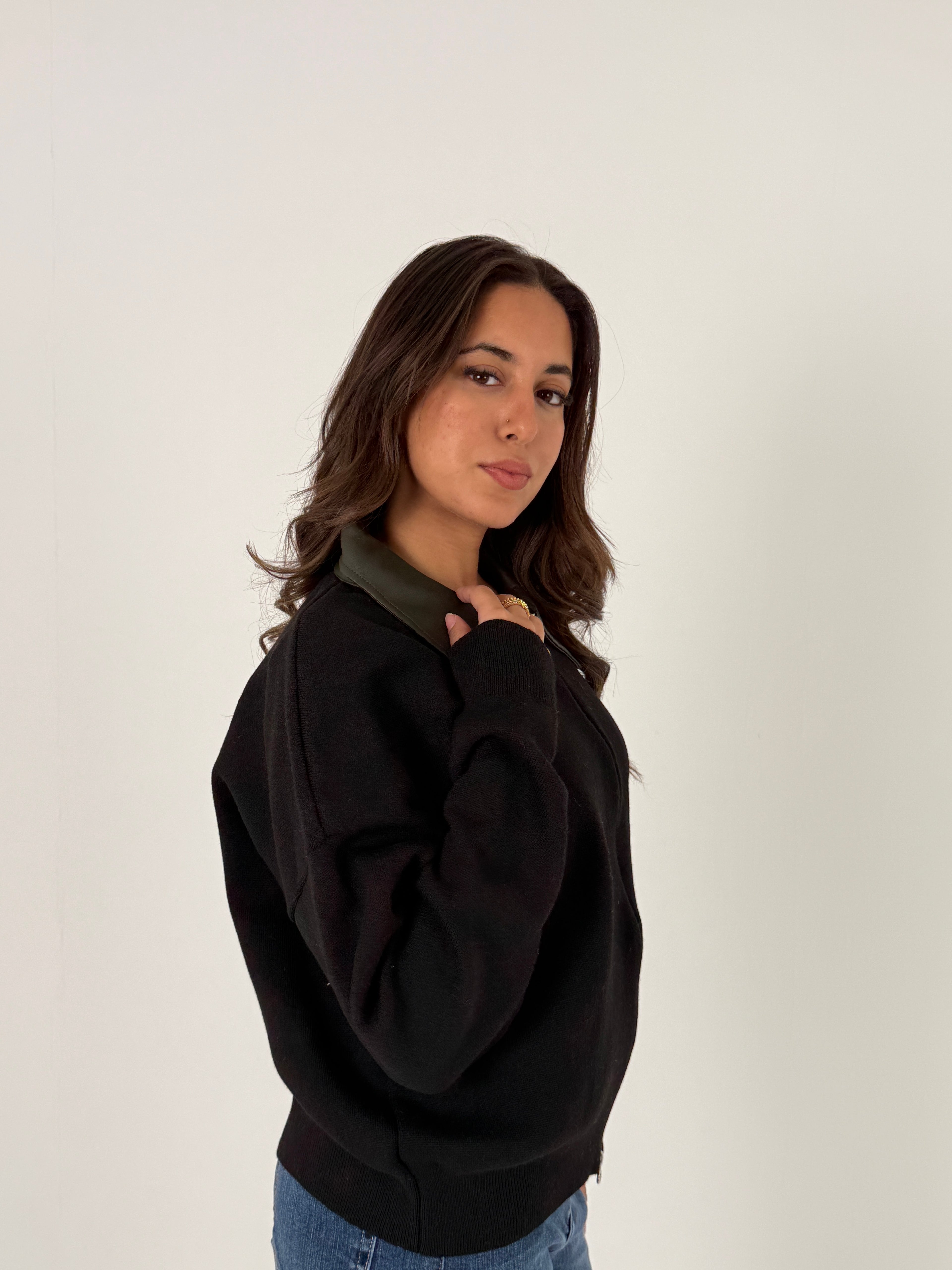 Sweater with Leather Collar