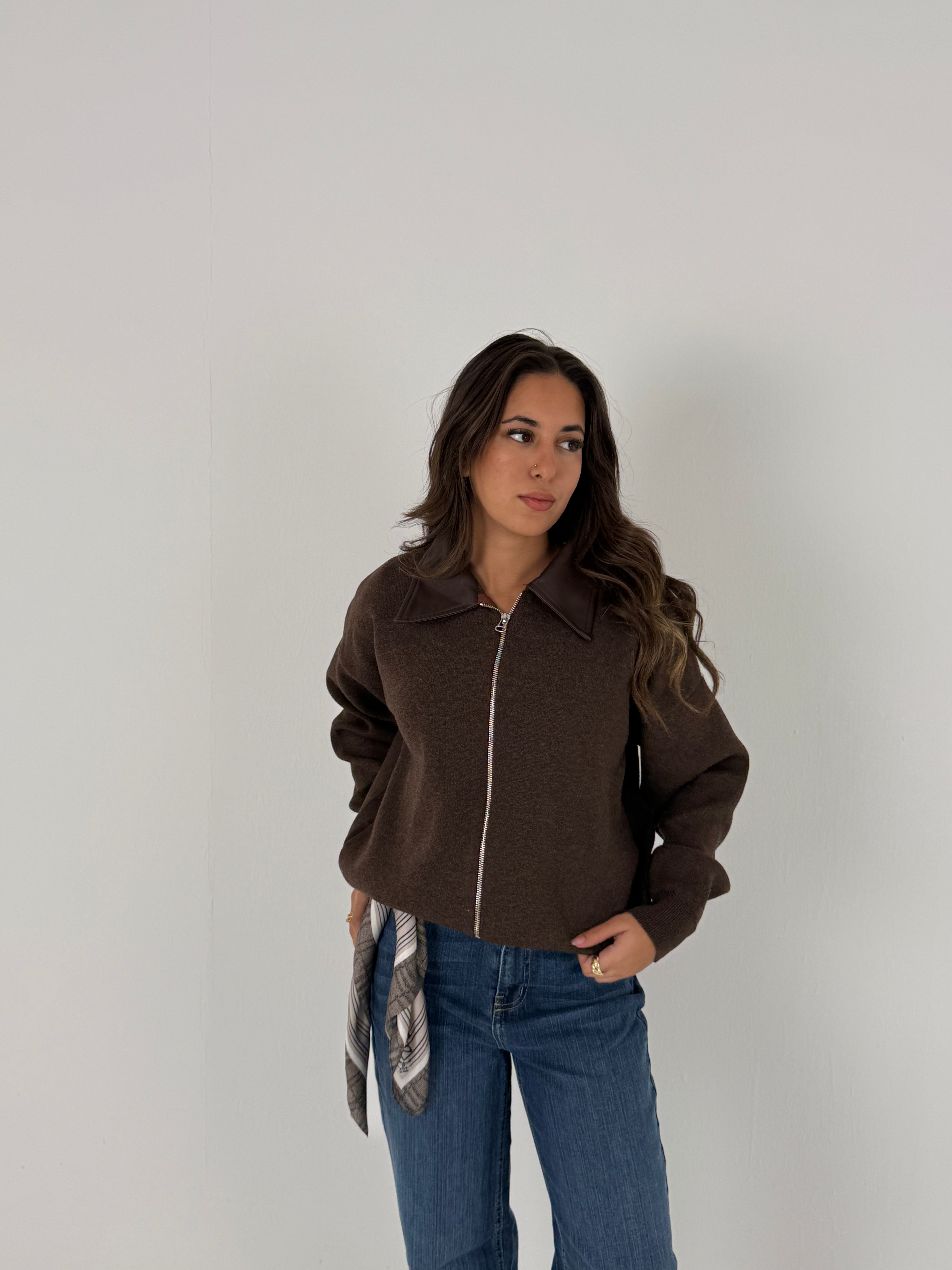 Sweater with Leather Collar