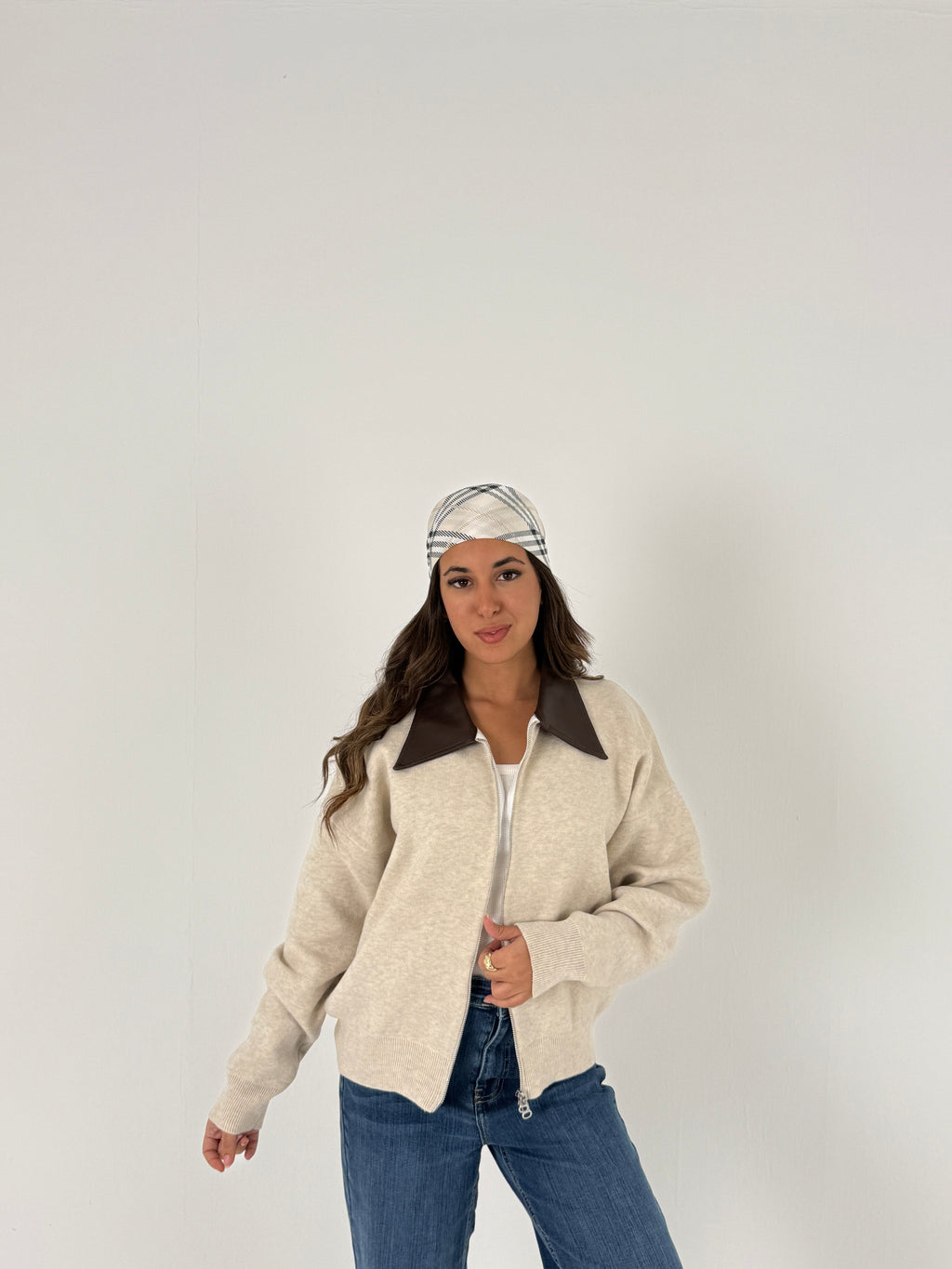 Sweater with Leather Collar