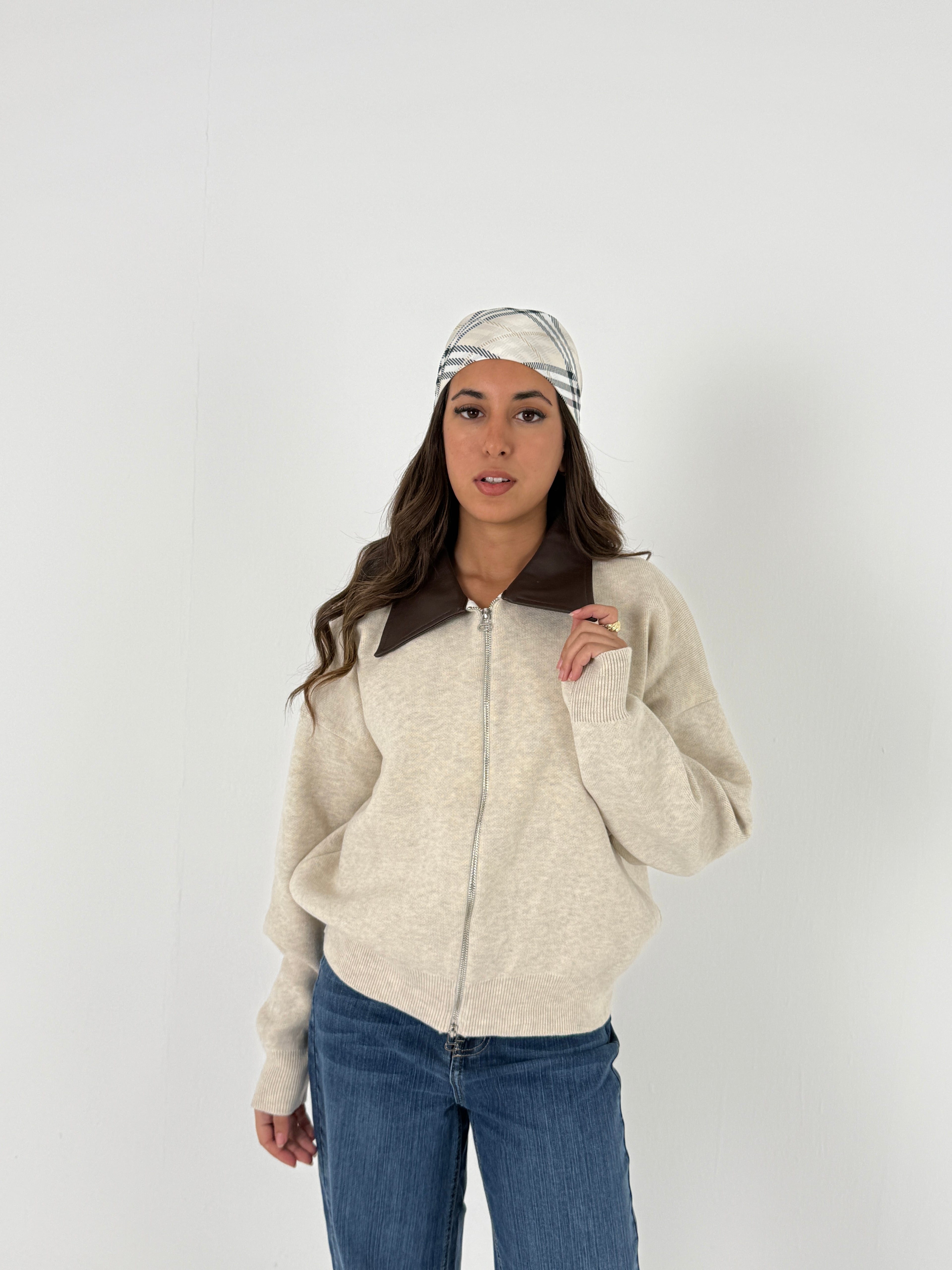 Sweater with Leather Collar