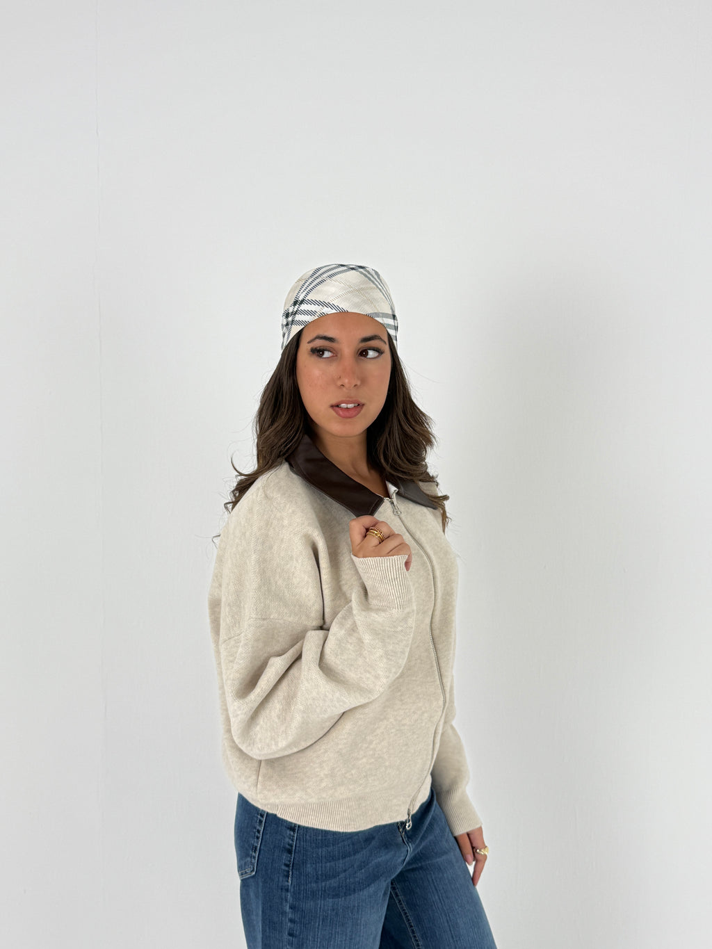 Sweater with Leather Collar